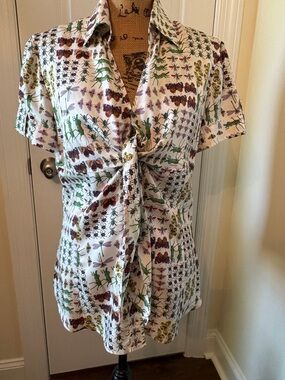 Gucci White Short-Sleeve Tie-Front Blouse with Green and Purple Nature Print
